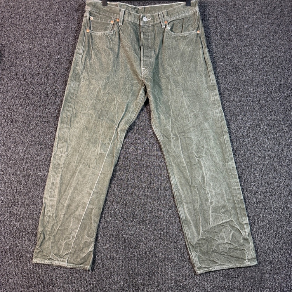 Levis 501 Original Fit Men's Olive‎ Green Crinkle Wash Button Fly Jeans 35x29
